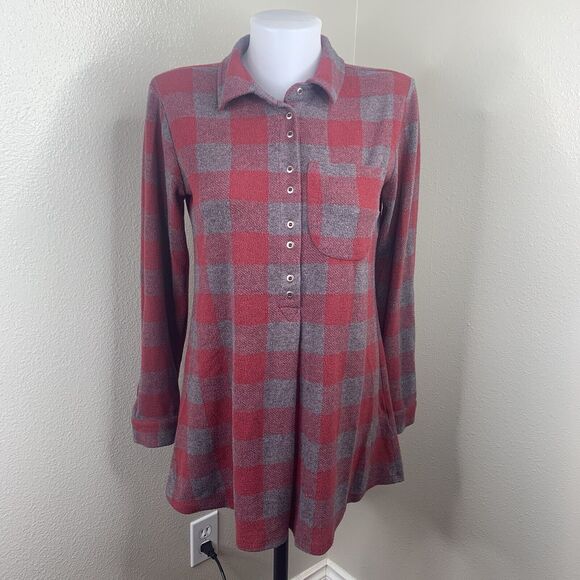 Soft Surroundings Red Gray Plaid Blouse Button Up Long Sleeve Shirt Womens Sz XS - Picture 2 of 6